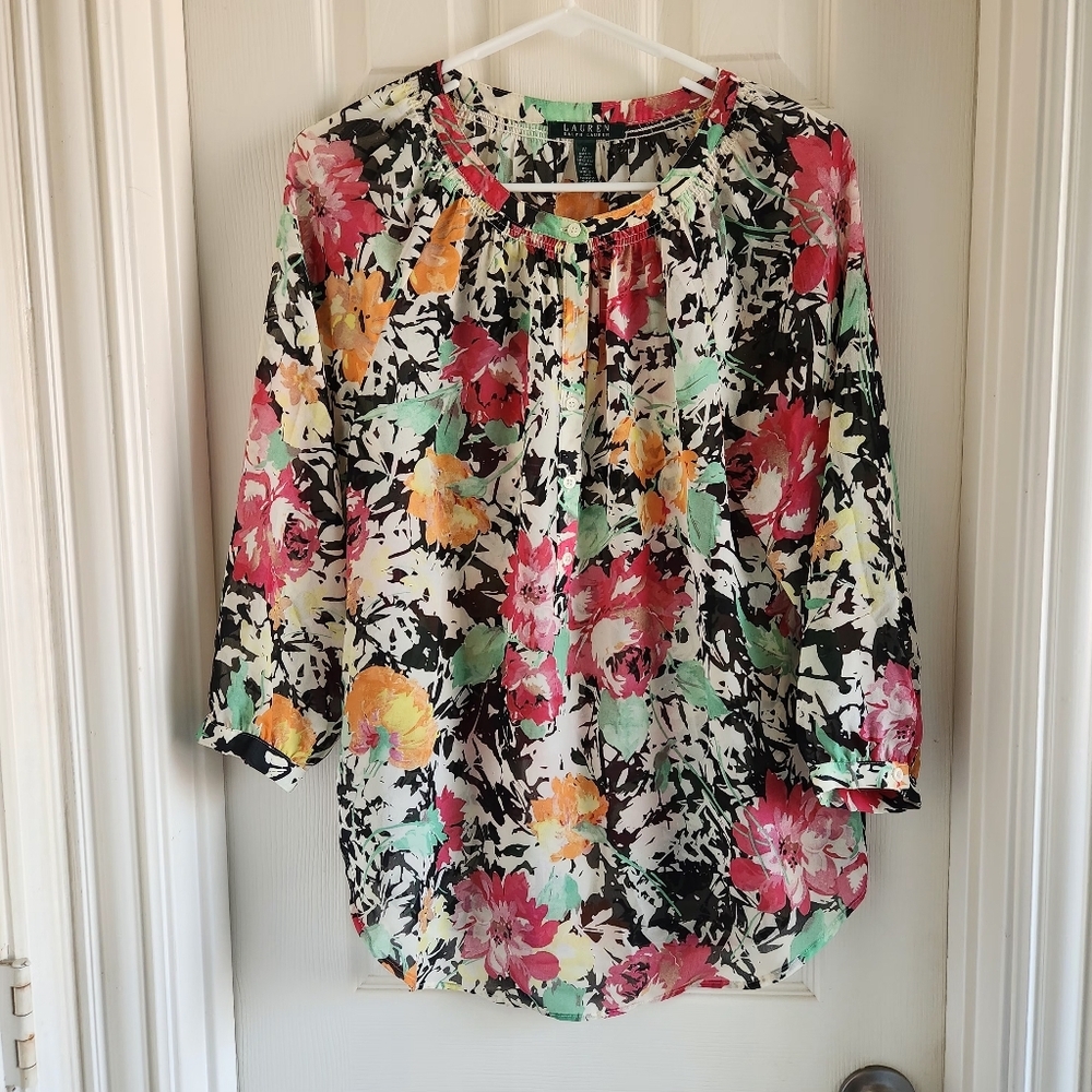 Lauren Ralph‎ Lauren Women's Floral Print Sheer Blouse Top Size M